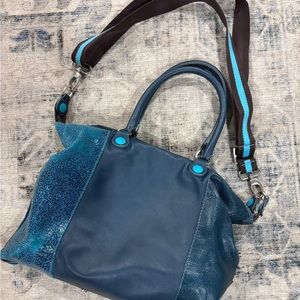 Turquoise/navy blue leather bag made in Italy